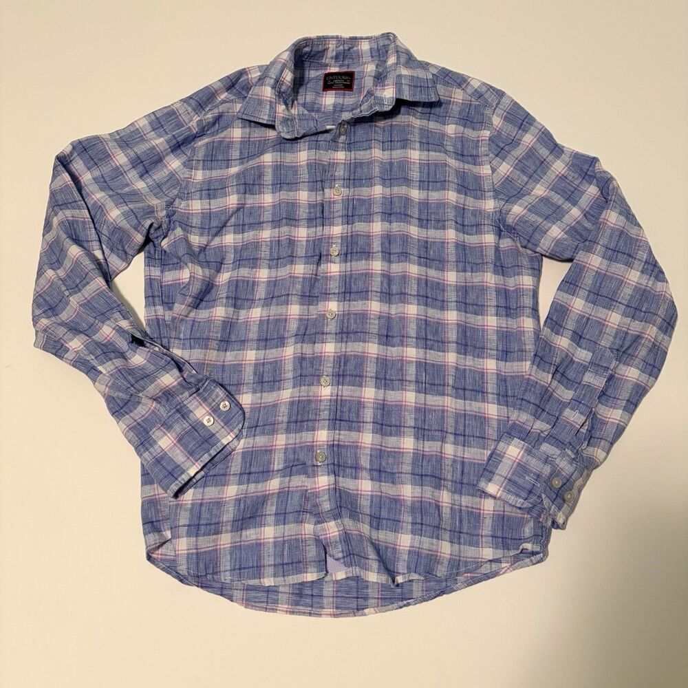 UNTICKit 100% Linen Casual Button Up Men Sz Medium Plaid Blue Purple Multicolor